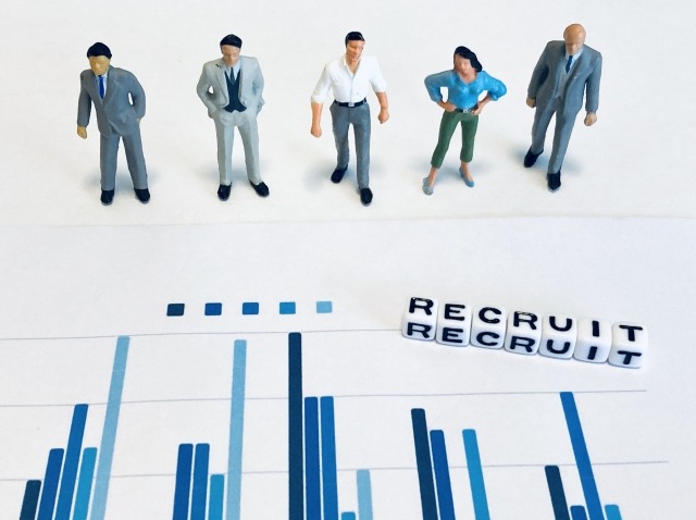 画像:棒グラフの上に「RECRUIT」と書かれたブロックが置かれている。それを5つの人形が眺めている写真