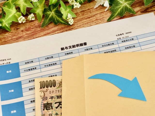 画像:給与明細書の上に一万円札が飛び出た茶封筒が置いてある写真